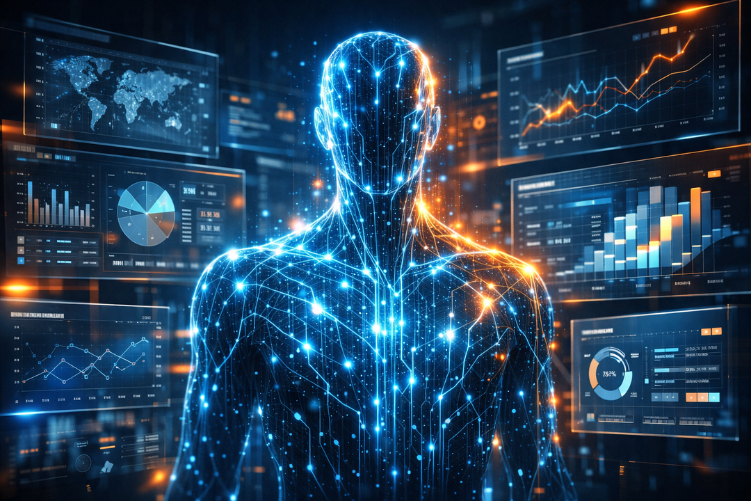 Digital human with data visualizations.