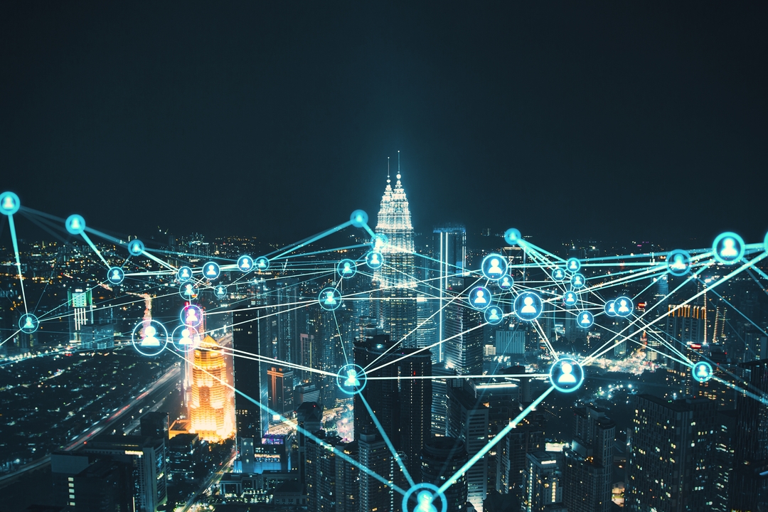 City skyline with network connections.